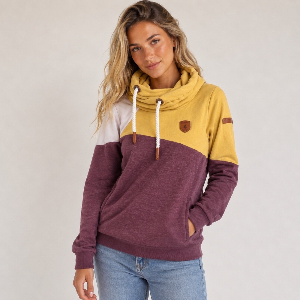 Wanakome Canada Colorblock Cowl Neck Hoodie Yellow Burgundy Womens Medium